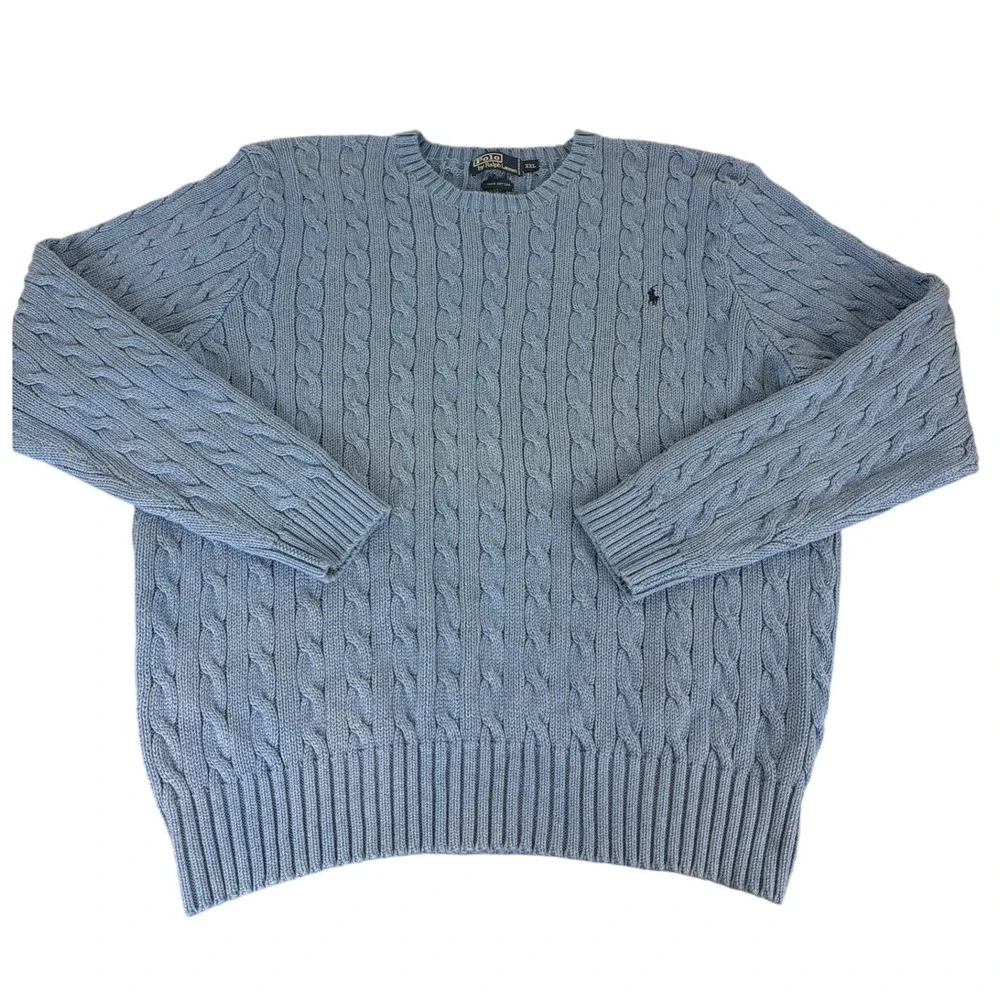 Polo Ralph Lauren Blue Cotton Cable Knit Fisherman Sweater Mens XXL Chunky